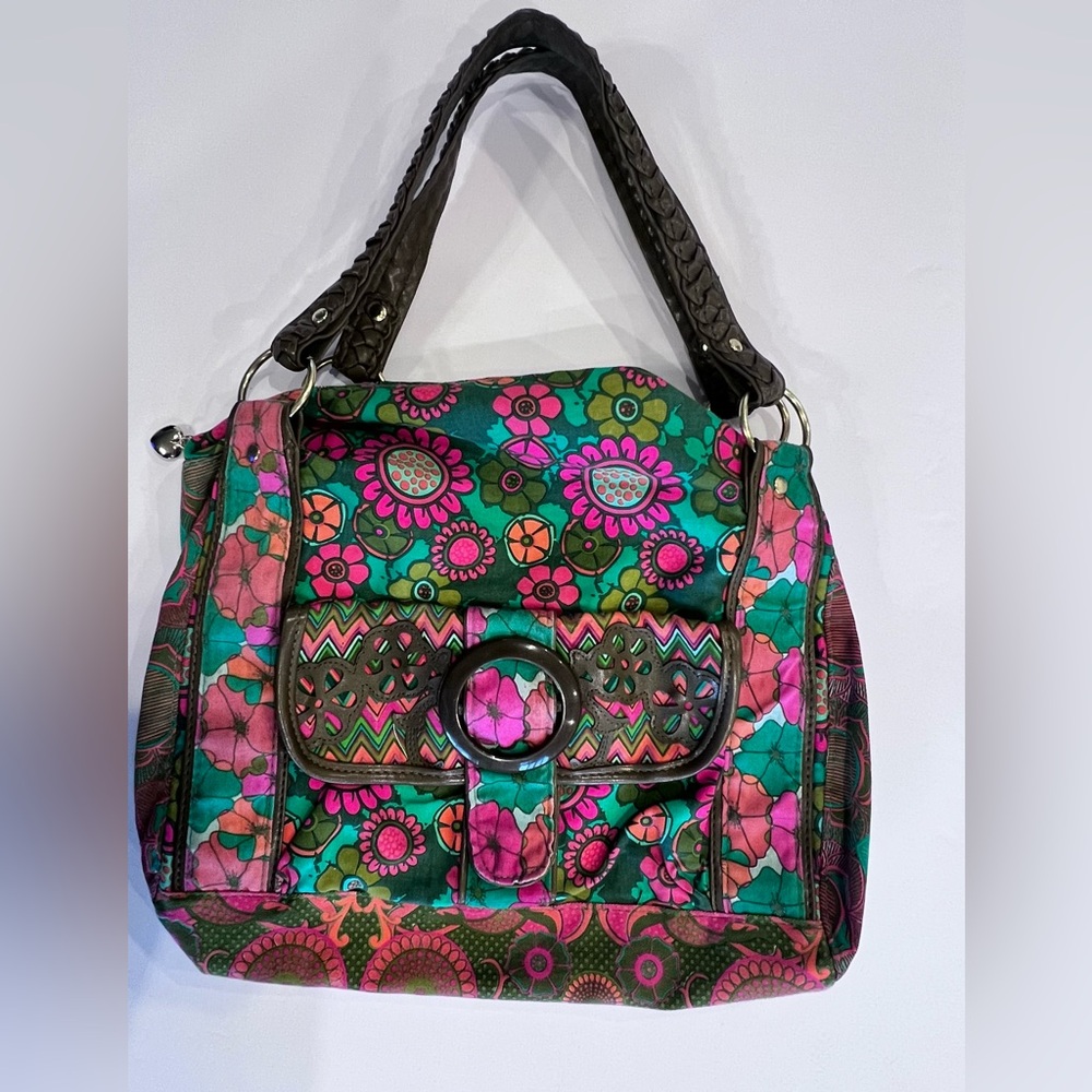 Loop retro floral top handle satchel mini duffel purse snap close envelope pkt - Picture 3 of 12